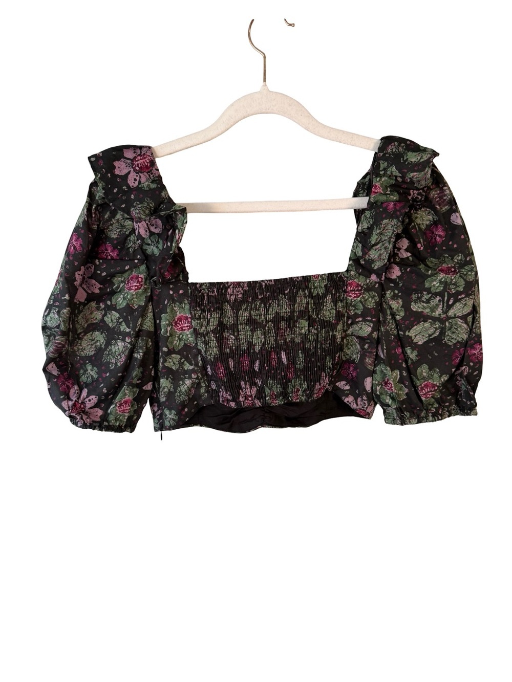 Zara Floral Puff-Sleeve Crop Top in Black and Green Size M Boho Festival - Picture 3 of 10